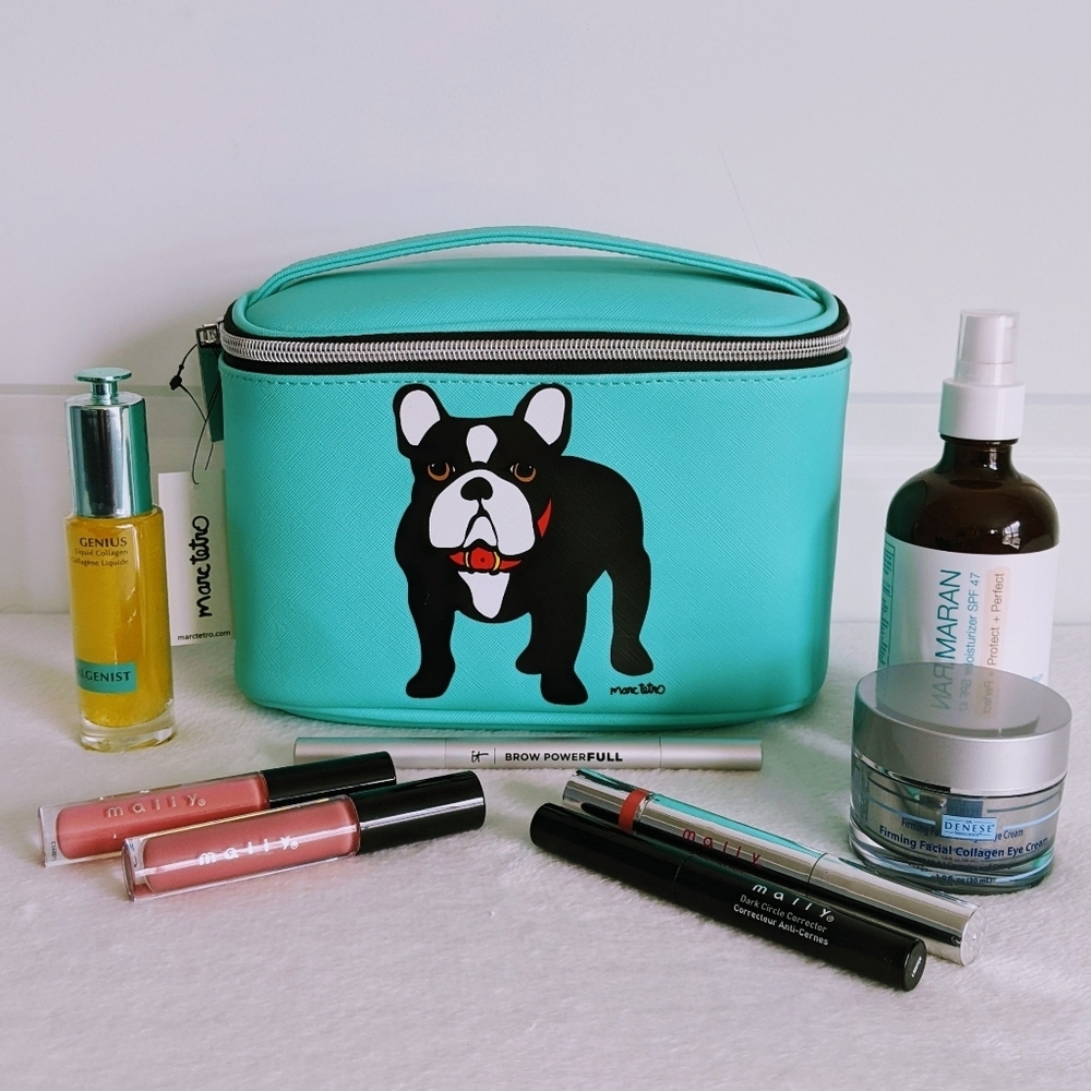 marc tetro Frenchie Cosmetic Case Bag Extra Large PVC Saffiano Aqua NWT
